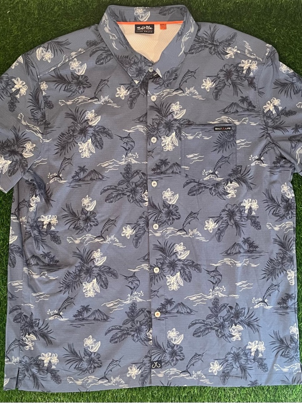 Salt Life SLX Fishing Blue & White Allover Print Button Down T-Shirt Mens 2XL